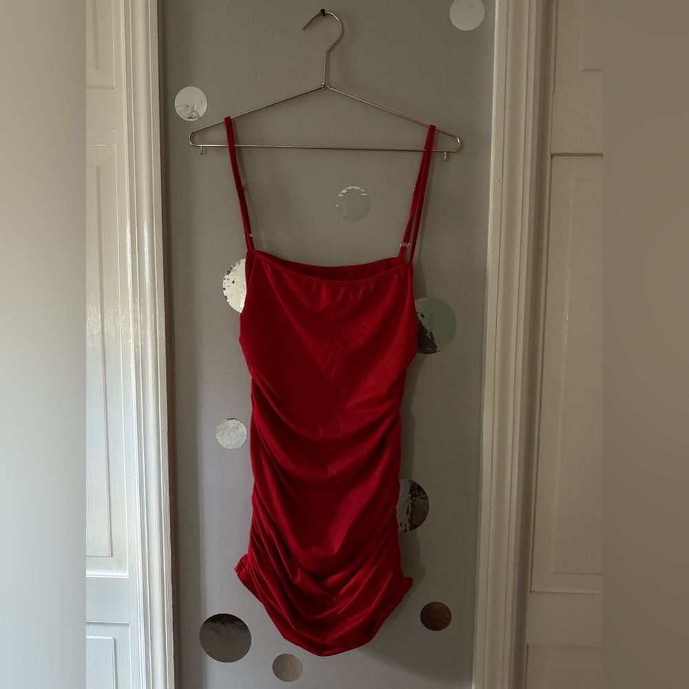 Red Ruched Spaghetti Strap Dress